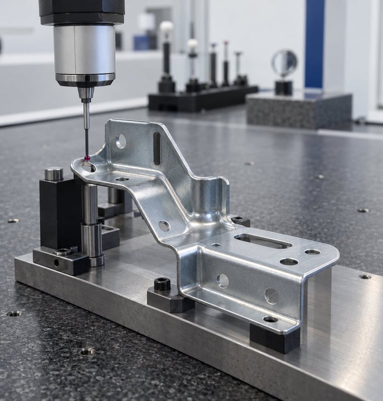 CNC drill machine with metallic bracket fixture under spindle in precision machining workshop